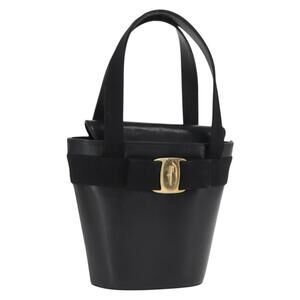 Salvatore Ferragamo Vala Hand Bag Leather Black Gold Auth BA9287